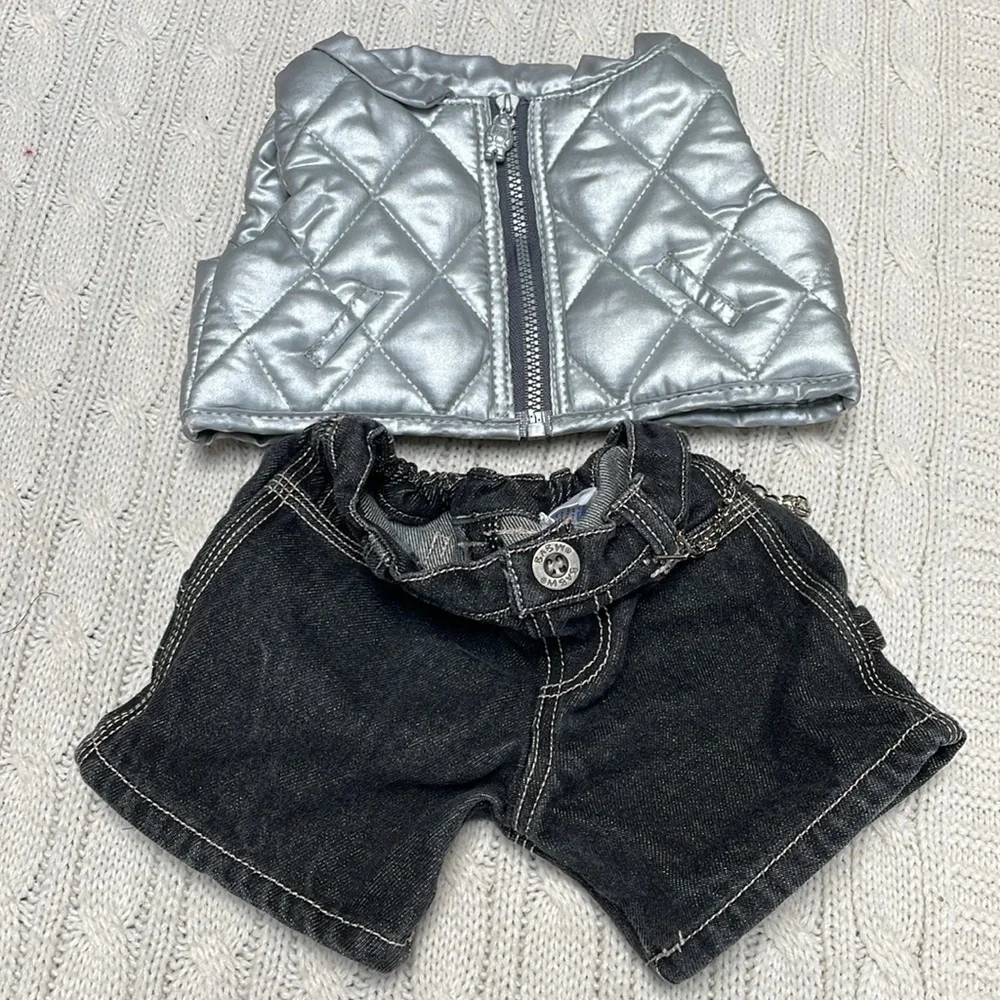 Build a Bear black denim jeans & silver puffer vest chain/pocket detail- jeans - Picture 8 of 10